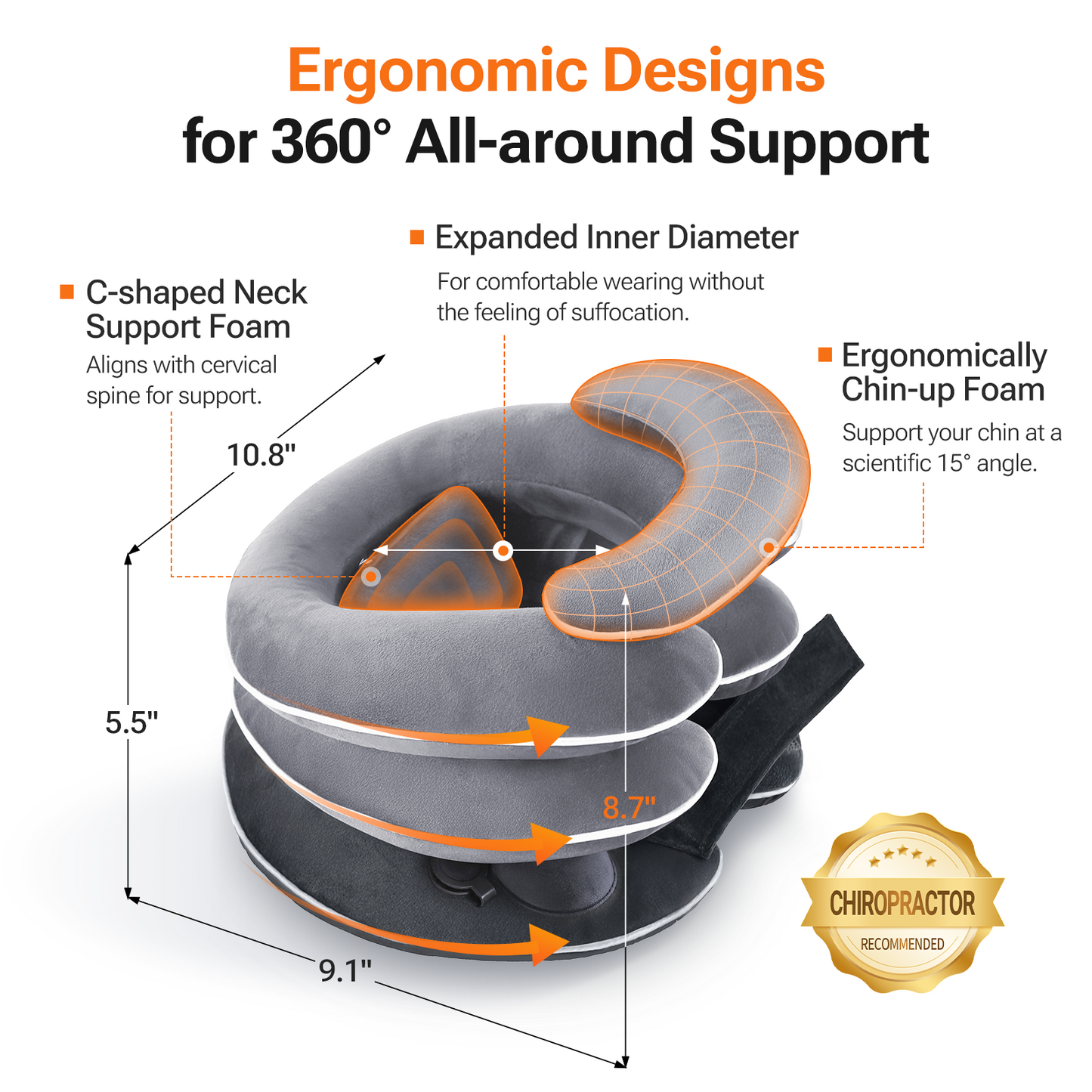 Built-in Inflatable Neck Stretcher, Cervical Traction Device with High-Front & Low-Back for Effective Traction and Support, Neck Decompression Devices with 3-Layer Chambers in Varied Sizes, Home Use