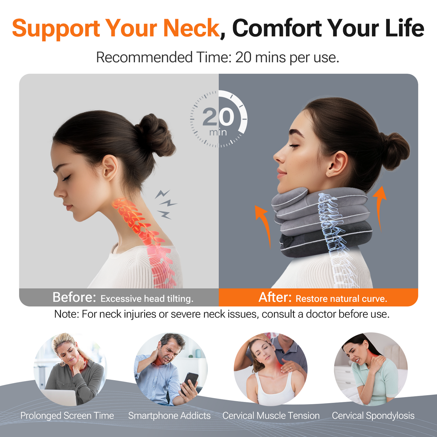 Built-in Inflatable Neck Stretcher, Cervical Traction Device with High-Front & Low-Back for Effective Traction and Support, Neck Decompression Devices with 3-Layer Chambers in Varied Sizes, Home Use